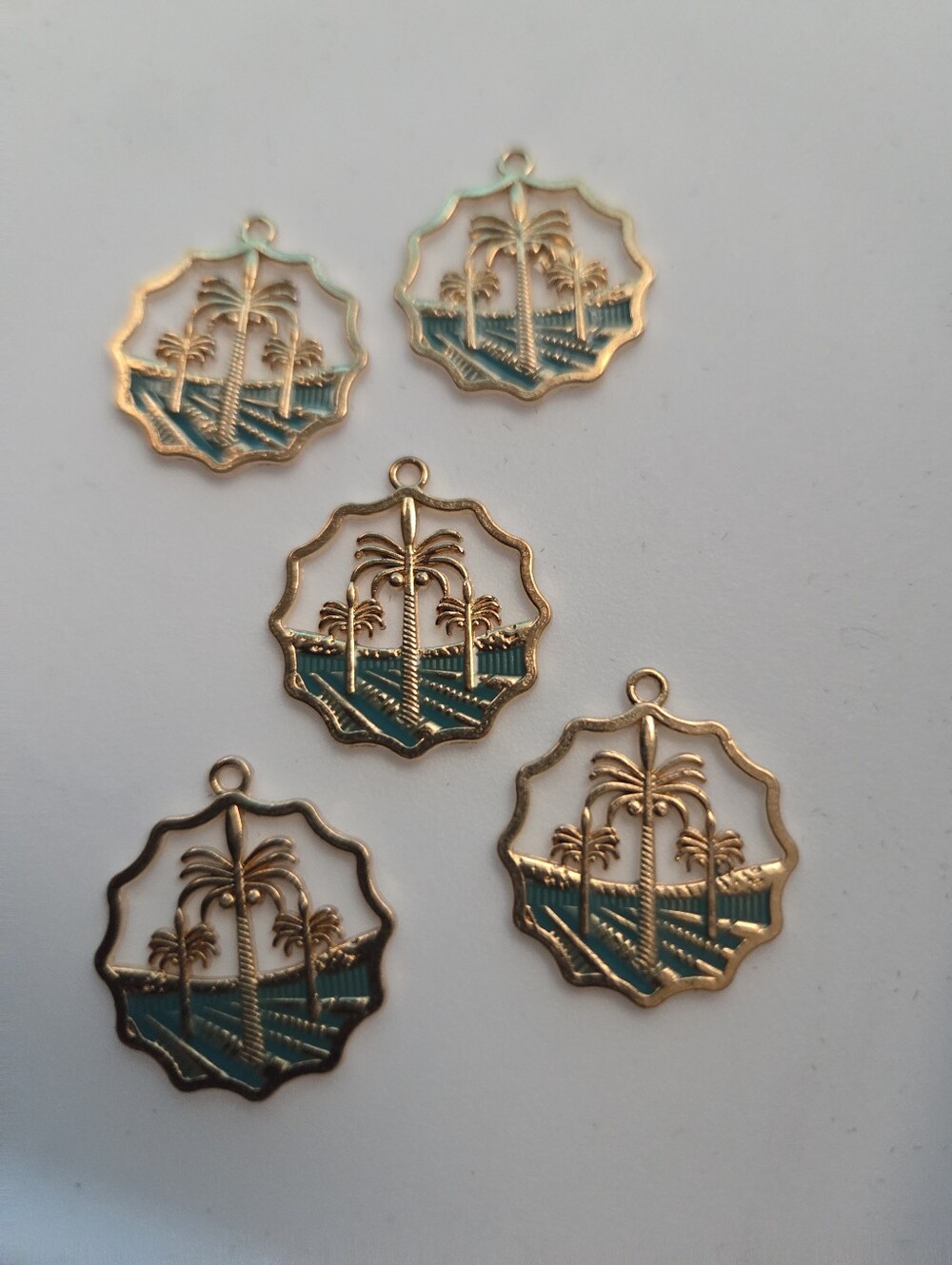 Gold Tone Palm Tree Charms with Teal Enamel